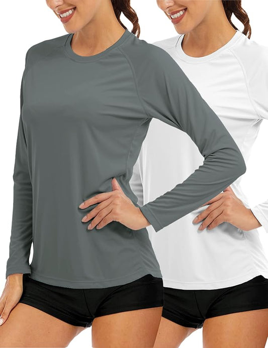 MAGCOMSEN Women's 2 Pack Long Sleeve Shirts UPF 50+ Sun Protection Quick Dry Swim Shirt for Rash