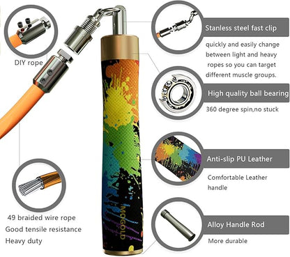 Weighted Jump Rope for Men Women -Interchangeable 1/5lb 1/4lb 1/2lb Heavy jump ropes - 360 Degree Spin - Length Adjustable,Ergonomics Leather Grip Skipping Rope for Fitness Weight Loss & More