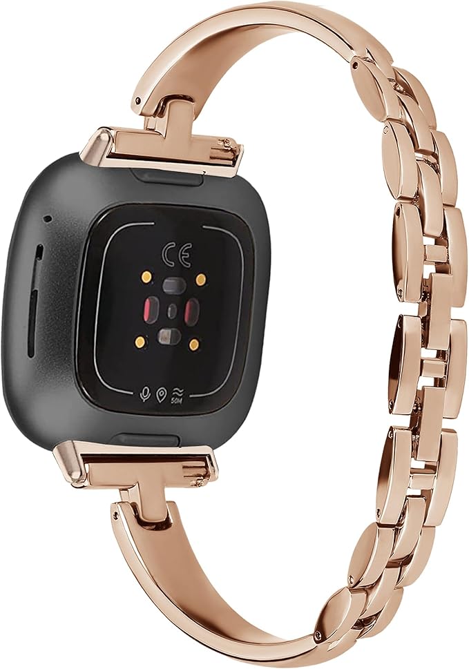 Silm Metal Band Compatible with Fitbit Versa 4/Fitbit Sense 2 Band Cute Women, Bling Jewelry Strap Replacement Compatible for Fitbit Sense/Versa 3 Women (Rose Gold)