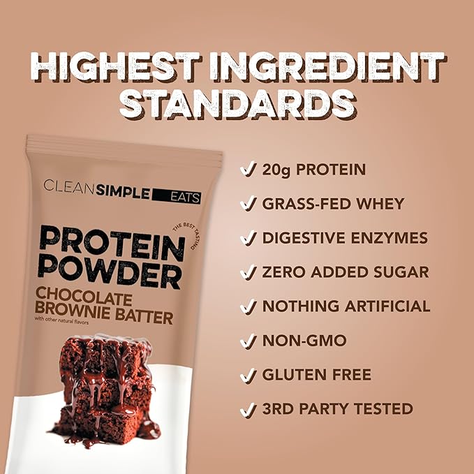 Clean Simple Eats Whey Protein Powder, Chocolate Brownie Batter Flavor, Naturally Sweetened, 100% Grass Fed Protein Powder, Digestive Enzymes & No Artificial Ingredients, Gluten Free, 10 Stick Packs