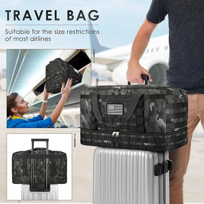 ETRONIK Travel Bag for Men Women, Gym Bag & Tactical Duffle Bags for Travel, Carry on with Toiletry Bag and Shoe Compartment, Weekender Overnight Trip with Wet Pocket for Workout Medical, Black Camo