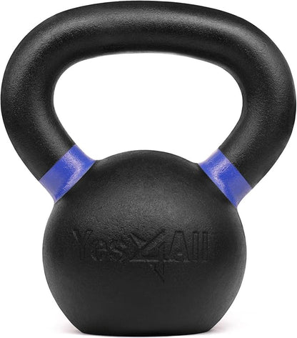 Yes4All Kettlebell, Heavy Duty Powder Coated Cast Iron Kettlebells, Non-Slip Handle & Flat Bottom for Conditioning, Strength Training & Full Body Exercises at Home Gym - Single & Pair