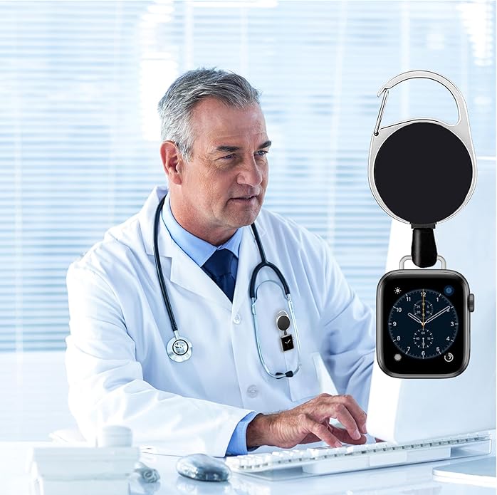 Badge Holder Retractable Clip Compatible with Apple Watch Band Series 10, Ultra 2, SE, 8 7 6 5 4 3 2 1 38mm 40mm 41mm 42mm 44mm 45mm 49mm, Stretchable Badge Reel Clip for iwatch Series 9