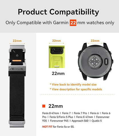 Aulumu C11 for Garmin Watch Band 22MM | Mag Buckle Slim Band | Memory Quick Release | Velvet Nylon Braid | Stainless Steel Magnetic Clasp