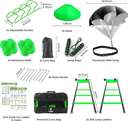 Agility Ladder Speed Training Equipment Set-2x 20ft Agility Ladder,12 Soccer Cones,4 Adjustable Hurdles, Jump Rope, Running Parachute| Basketball Football Soccer Training Equipment for Kids Adults