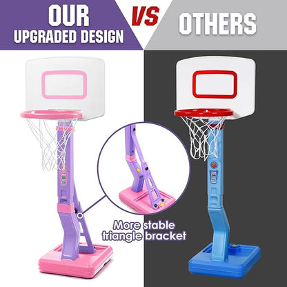 Super Joy Toddler Girl Basketball Hoop - Adjustable Kids Ball Hoop Set for Indoor - Portable Pink Mini Basketball Goal Outdoor Outside Pool Sport Toys Gifts for Baby Boys Age 1-3 2-4 3-5