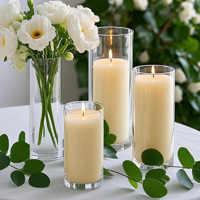 24 PCS Ivory White Pillar Candles with Glass Candle Holders Clear Hurricane Candle Holders Glass Cylinder Vases for Centerpieces Wedding Party, Event, Home Office (12 Candles+12 Candle Hoders)