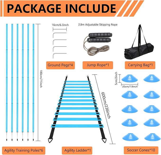 Soccer Agility Poles Set with Agility Ladder Soccer Cones Jump Rope Adjustable Detachable Soccer Agility Training Equipment for Speed Training