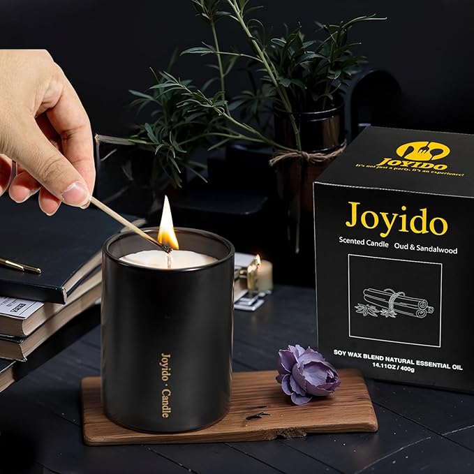 14OZ Oud & Sandalwood Scented Candle - Aromatherapy Candles with Lid - Soy Candles for Home Scented - Luxury Ceramic Jar Candles for Bedroom Kitchen Home Decor, Housewarming Party (Black)