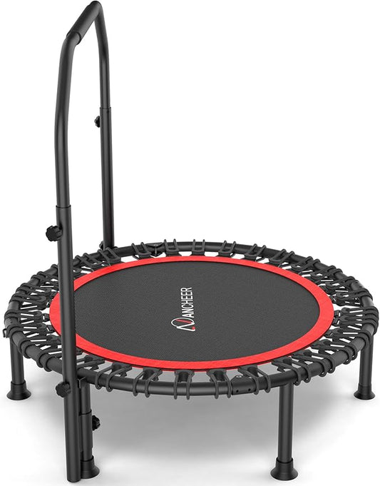 ANCHEER 40" Foldable Mini Trampoline,Max Load 450lbs/550lbs Indoor Trampoline,with 4 Level Adjustable Foam Handle and Resistance Bands,Adult Exercise Trampoline for Home, Garden, and Gym