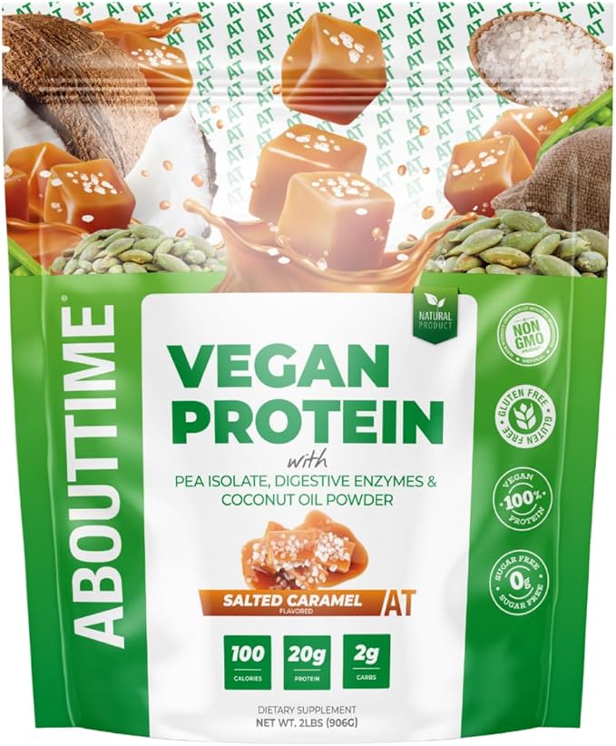 About Time Vegan Protein Powder 20g Salted Caramel, Natural Ingredients, Non-GMO, Plant Based, Gluten Free, Soy Free, Dairy Free, 32 Servings