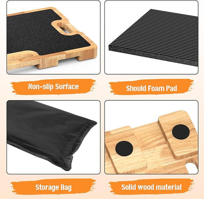 Wooden Fitness Board - Resistance Band Workout Footplate with Foam Pad & Storage Bag - Wood Exercise Step Platform with Non-Slip Surface for Home Body Gym, Strength Training