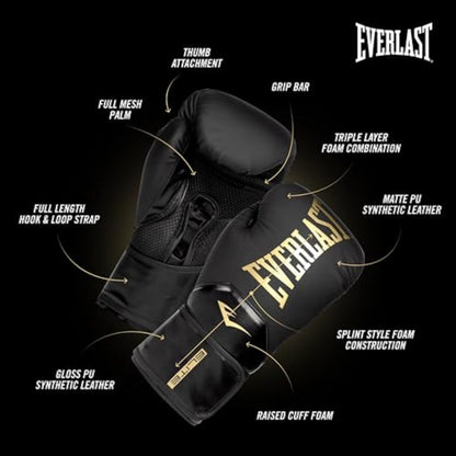 Everlast Elite 2 Boxing Gloves | Women, Men, Heavy Bag | Black/Gold | 14oz