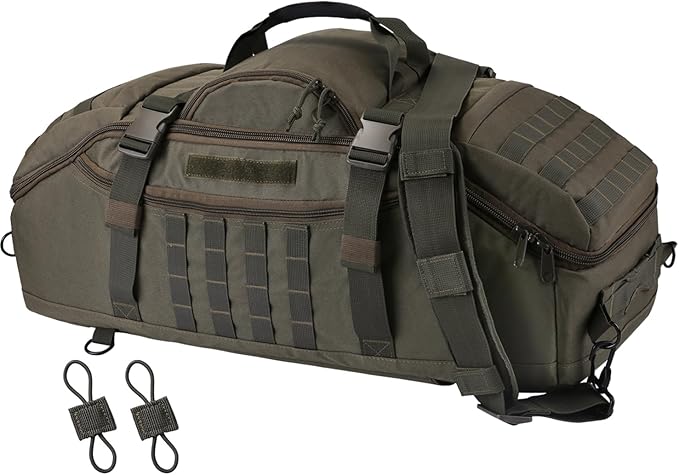 65L Large Travel Gym Duffle Bag with Tensile Strength Pom Buckle Military Tactical Backpack, Army Pack for Outdoor Sport with Molle System, Olive Green