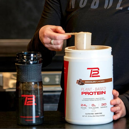 TB12 Plant Based Protein Powder by Tom Brady, 24g of Vegan Pea Protein, Low Sugar, Low Carb, Non-GMO, Meal Replacement, Keto Friendly, Paleo, Sugar Free, Chocolate Flavor (30 Servings/2.25lbs)