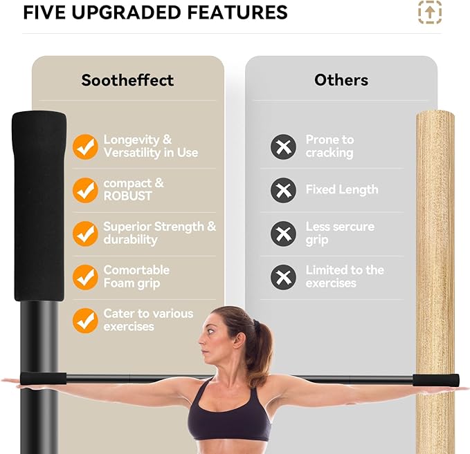 Yoga Stick 5ft Adjustable Stretching Stick, Versatile Exercise Stick Non-Slip Ends and Sponge Handles for Fitness, Flexibility and Balance, Posture Correction - Black