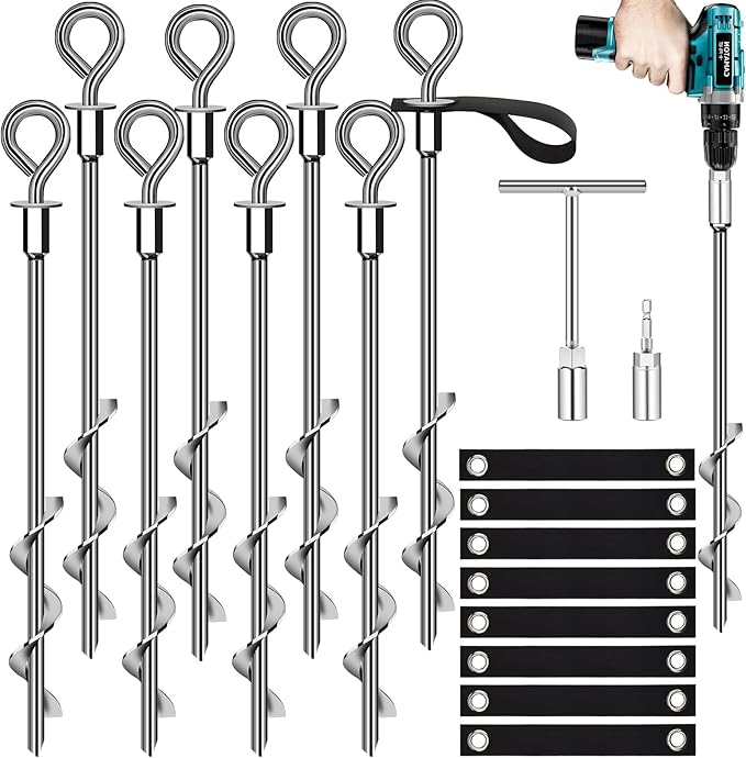 Trampoline Anchors Set of 8 - Heavy Duty Trampoline Stakes - Ground Anchors Resistant High Wind - Ground Stakes Heavy Duty with Straps(Silver-8x15)