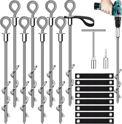 Trampoline Anchors Set of 8 - Heavy Duty Trampoline Stakes - Ground Anchors Resistant High Wind - Ground Stakes Heavy Duty with Straps(Silver-8x15)