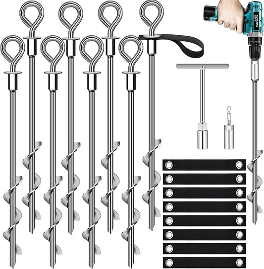 Trampoline Anchors Set of 8 - Heavy Duty Trampoline Stakes - Ground Anchors Resistant High Wind - Ground Stakes Heavy Duty with Straps(Silver-8x15)