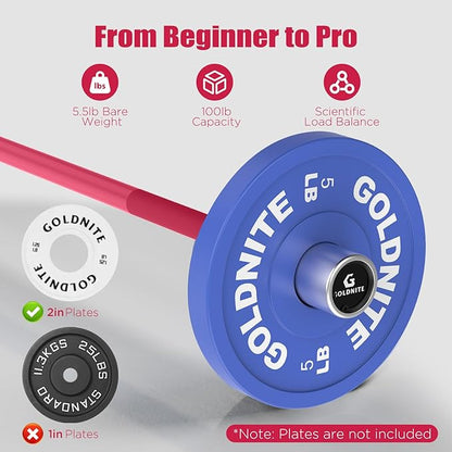 5.5LB Mini Barbell Bar 4Ft for Beginners Women & Kids-100LB Capacity Lightweight Weightlifting Bar- Multi-Color for 2-Inch Weight Plates Total Body Workout Strength Training Home Gym