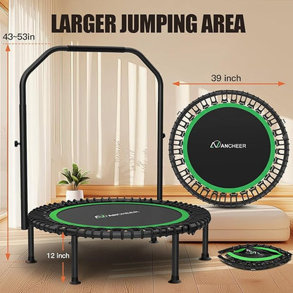Bungee Rebounder Trampoline,ANCHEER 40" Foldable Fitness Trampoline with 4-Level Adjustable Handlebar, 450LBS Capacity, Resistance Ropes&Upgraded Bungees Safe for Home/Cardio,Workout Indoor/Outdoor