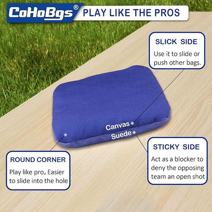 CoHoBgs Corn Hole Bags Set 8, Professional Cornhole Bags Dual-Sided Slick & Stick Resin Filled Suede and Duck Canvas Bean Bag for Cornhole Game Includes Carry Case