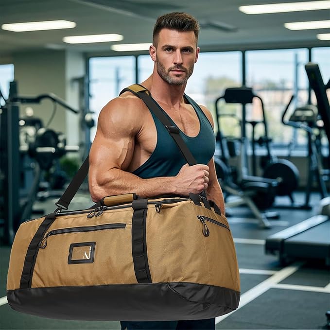 TUGUAN Extra Large Travel Duffle Bag Backpack for Men with Adjustable Dividers 120L Big Weekend Overnight Bag with ID Pocket Shoulder Strap Heavy Duty Sports Duffel Bags for Camping Gym, Brown
