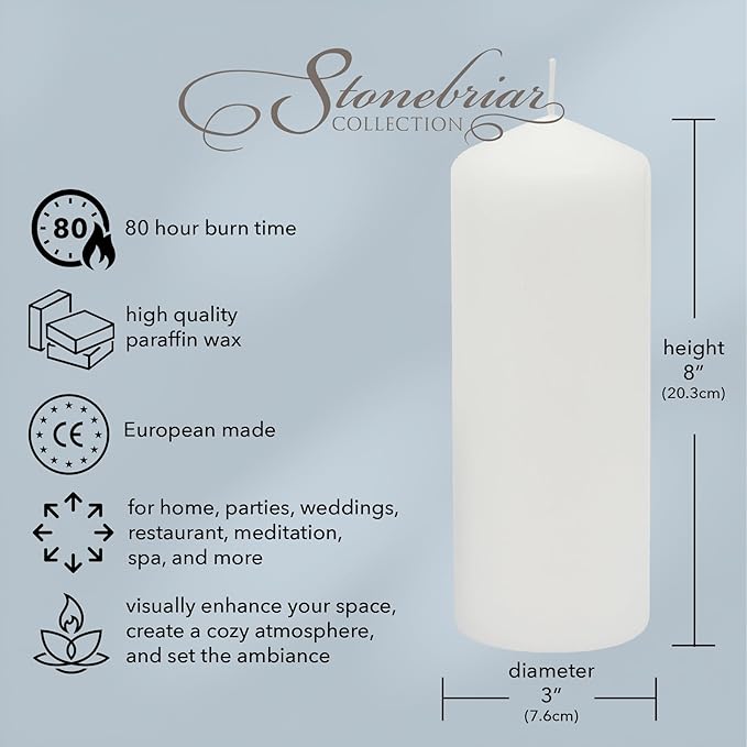 Stonebriar 3 Pack Tall 3 x 8 Inch 80 Hour Long Burning Unscented White Wax Pillar Candles