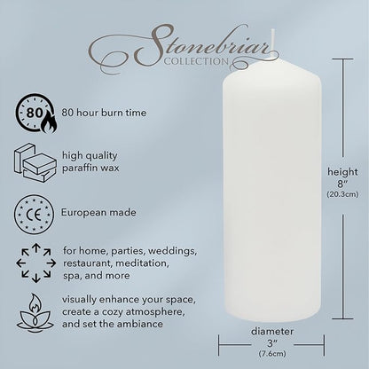 Stonebriar 3 Pack Tall 3 x 8 Inch 80 Hour Long Burning Unscented White Wax Pillar Candles