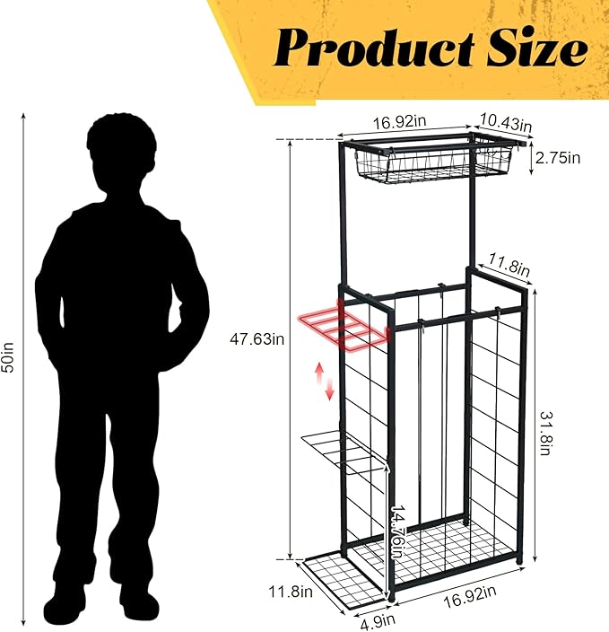 Sports Equipment Organizer, Small Garage Ball Storage Rack with Elastic Straps and 3 Hooks, Garage Organization Storage Rack for Balls and Sports Equipment, Toy Organizer Stand for Room, Gym, Black