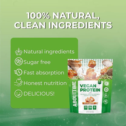 About Time Vegan Protein Powder 20g Salted Caramel, Natural Ingredients, Non-GMO, Plant Based, Gluten Free, Soy Free, Dairy Free, 32 Servings