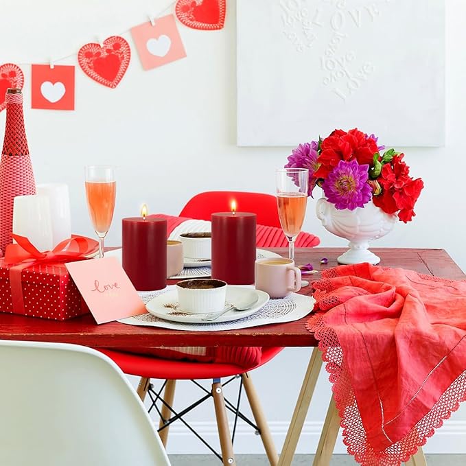 6 Packs Dripless Red Colored Pillar Candles, Unscented 2.75x4 Inch Burgundy Cylinder Wax Candles for Home Table Holiday Party Spa Decor Emergency Power Outage