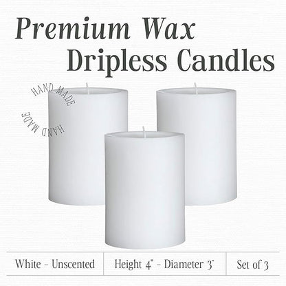 Mister Candle Dripless Unscented Pillar Candles, Set of 3 Hand Poured Solid Color Non-Scented Candles for Home Decor, Premium Wax, 60 Hr Burn Time - 3x4 Inch, White