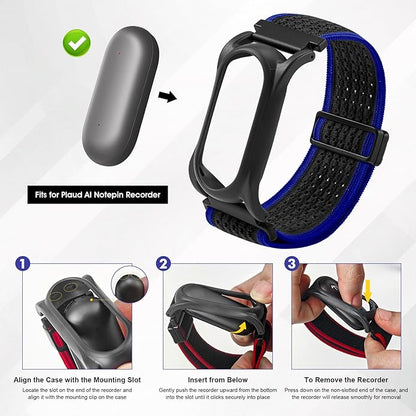 Adjustable Smartwatch Soft Woven Nyon Wristband + Protective Case Base fits for PLAUD AI NotePin Recorder,Upgraded 18mm Pin Notepin Strap for Easy Band Replacement