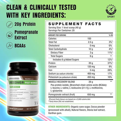 BODi Recover Plant-Based Protein Powder Blend??Post-Workout Chocolate Plant-Based Supplement for Muscle Recovery with 20g Protein, BCAAs, Pomegranate Extract - Fast Recovery - 20 Serving Tub