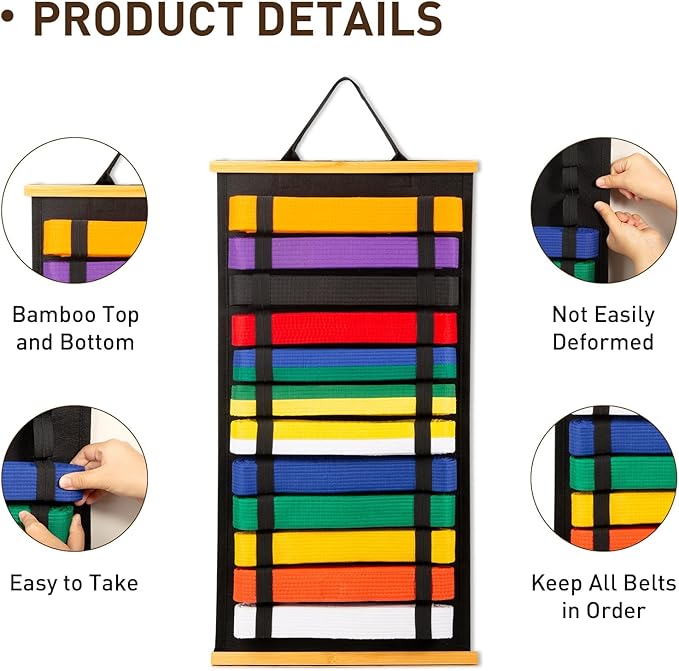 12Belts Karate Belt Display Rack with Bamboo Frame, Felt Taekwondo Belt Display, Martial Art Belt Display Holder for Martial Art Learner, Not Easily Deformed Surprise Choice (Stud Included)