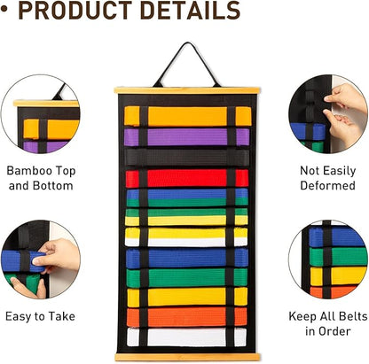 12Belts Karate Belt Display Rack with Bamboo Frame, Felt Taekwondo Belt Display, Martial Art Belt Display Holder for Martial Art Learner, Not Easily Deformed Surprise Choice (Stud Included)