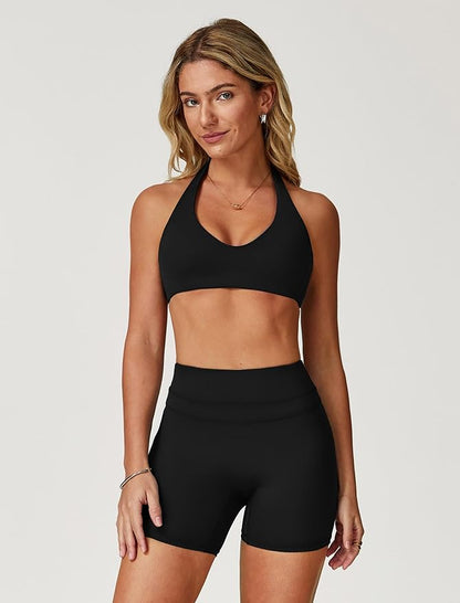 Two piece yoga short set for women with Halter top and gym short Matching workout sets for yoga,Pilates,run