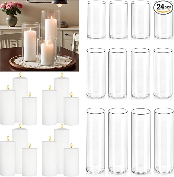 24 Pcs White Pillar Candles with Glass Candle Holder Hurricane Glass Candle Holders Clear Cylinder Vases for Centerpieces Wedding Office Party Home Table Decor