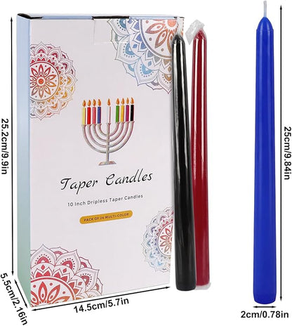 24 Colored Taper Candles, 7-8 Hours Burn Time, Unscented, Smokeless and Dripless, 0.75 x 10 Inch Dinner Candle Set for Household, Wedding, Party and Home Décor Candlesticks