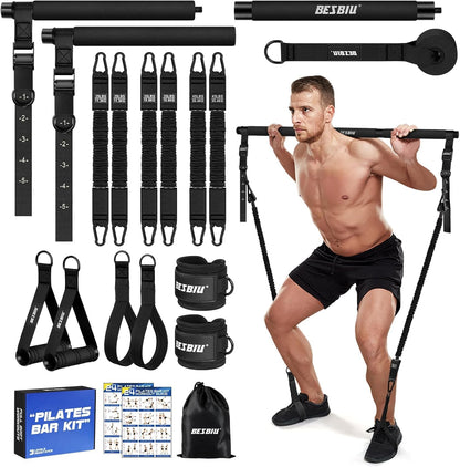 Pilates Bar Kit with Resistance Bands for Working Out, 210lbs Heavy Resistance Bands with Handles