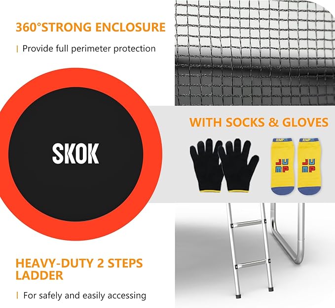 SKOK Trampoline 8FT 10FT 12FT 14FT 15FT Trampolines with Enclosure Net, 400LBS Outdoor Trampolines for Kids with Basketball Hoop-ASTM Approved Trampoline for Children and Adults with Ladder