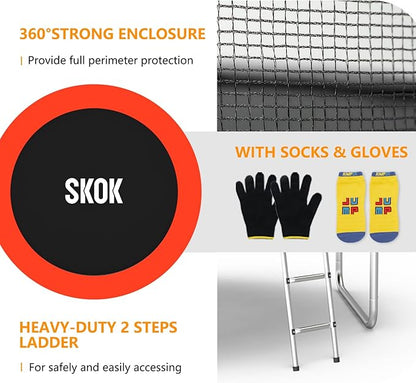 SKOK Trampoline 8FT 10FT 12FT 14FT 15FT Trampolines with Enclosure Net, 400LBS Outdoor Trampolines for Kids with Basketball Hoop-ASTM Approved Trampoline for Children and Adults with Ladder