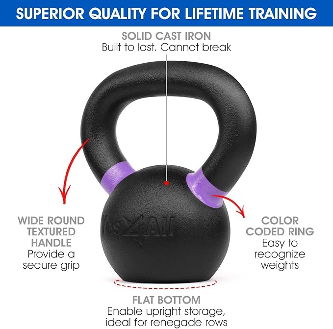 Yes4All Kettlebell, Heavy Duty Powder Coated Cast Iron Kettlebells, Non-Slip Handle & Flat Bottom for Conditioning, Strength Training & Full Body Exercises at Home Gym - Single & Pair