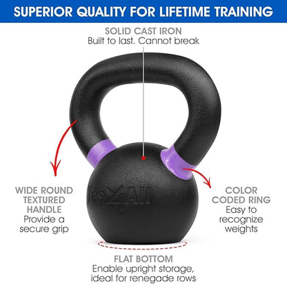Yes4All Kettlebell, Heavy Duty Powder Coated Cast Iron Kettlebells, Non-Slip Handle & Flat Bottom for Conditioning, Strength Training & Full Body Exercises at Home Gym - Single & Pair