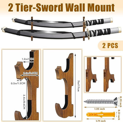 Chunful 2 Pcs Sword Wall Mount Sword Holder Katana Stand 1 Tier Hanger Adjustable Wooden Mounts for Samurai (7.01 x 2.3 x 1.22 Inches,Old Brown)