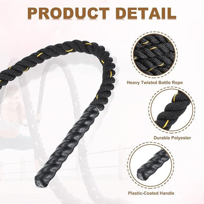MECCANIXITY Battle Rope 10ft x 1 Inch Polyester Workout Rope Heavy Fitness Exercise Rope for Strength Training Home Gym Muscle Building, Black Yellow