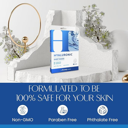 Hyaluronic Acid Sheet Face Mask - Skin Firming, Anti-Aging, Moisturizes & Plumps Skin - Dermatologist Tested, Cruelty-Free Korean Skin Care for All Skin Types - 5 Masks (2 Pack)