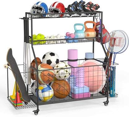 Sports Equipment Organizer, Garage Ball Storage Racks - Outdoor Toy Storage with 2 Side Racks & Removable Baskets, Heavy-Duty Garage Rolling Ball Cart with Wheels, Hooks for Sports Gear, Toys
