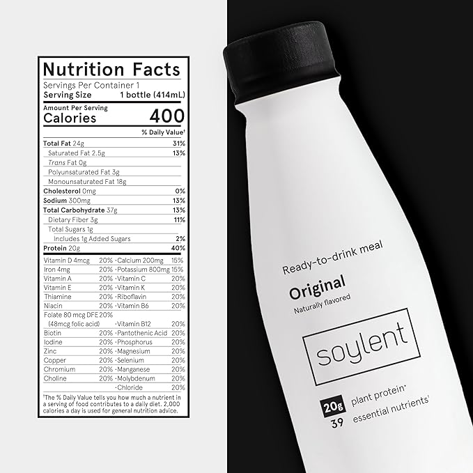 Soylent Original Meal Replacement Shake, Ready-to-Drink Plant Based Protein Drink, Contains 20g Complete Vegan Protein and 1g Sugar, 14oz, 12 Pack